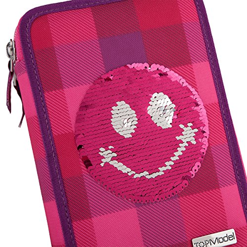 TOPModel 3-fach Federtasche, Pailetten Smiley rot, 6604 -