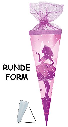 mit 3-D Glitzer ! - Schultüte - Elfenkönigin - Schmetterlings Fee - 85 cm - 12 eckig - mit Organzaabschluß - mit / ohne Kunststoff Spitze - Zuckertüte - Nester - Elfen - Schmetterling - Elfe / Sterne - lila - für Mädchen - 3