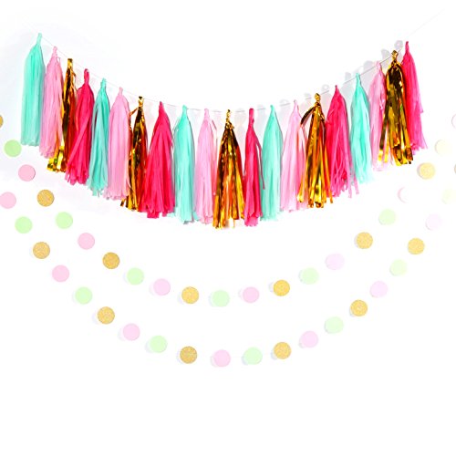 Geburtstag Dekoration, Birthday Girlande Set, 12 Seiden Papier Blumen PomPoms und 20 Quaste Girlande, 2 Dot Papier Girlande für Partei Dekorationen,Kindergeburtstag Deko - 7