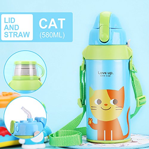 Upstyle Vakuum-Thermosflasche für Kinder, Edelstahl, Wasserflasche in hübschem Design mit Trinkhalm, Vakuum-Trinkbecher, Sportflasche für Kinder, 580 ml katze - 2