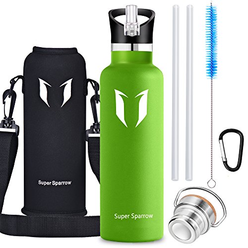 Super Sparrow Trinkflasche Edelstahl Wasserflasche - 750ml - Isolier Flasche mit 100%-Zufriedenheitsgarantie | Perfekte Thermosflasche für das Laufen, Fitness, Yoga, Im Freien und Camping, Auto oder Unterwegs | Frei von BPA | Ideal als Wasser- & Sportflasche - mit 2 auswechselbaren Kappen (Apfelgrün, 25oz-750ml) - 2