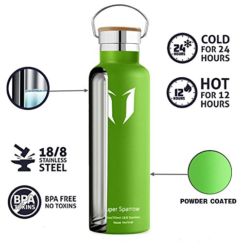 Super Sparrow Trinkflasche Edelstahl Wasserflasche - 750ml - Isolier Flasche mit 100%-Zufriedenheitsgarantie | Perfekte Thermosflasche für das Laufen, Fitness, Yoga, Im Freien und Camping, Auto oder Unterwegs | Frei von BPA | Ideal als Wasser- & Sportflasche - mit 2 auswechselbaren Kappen (Apfelgrün, 25oz-750ml) - 3