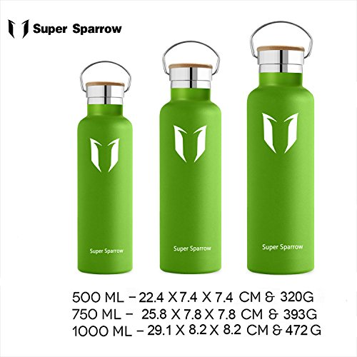 Super Sparrow Trinkflasche Edelstahl Wasserflasche - 750ml - Isolier Flasche mit 100%-Zufriedenheitsgarantie | Perfekte Thermosflasche für das Laufen, Fitness, Yoga, Im Freien und Camping, Auto oder Unterwegs | Frei von BPA | Ideal als Wasser- & Sportflasche - mit 2 auswechselbaren Kappen (Apfelgrün, 25oz-750ml) - 4