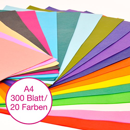 OfficeTree® Seidenpapier 300 Blatt A4 - bunt 20 Farben - mehr Spaß am Basteln Gestalten Dekorieren - Skizzen- und Zuschnitt-Papier - 16 g/qm Premium-Qualität - 2