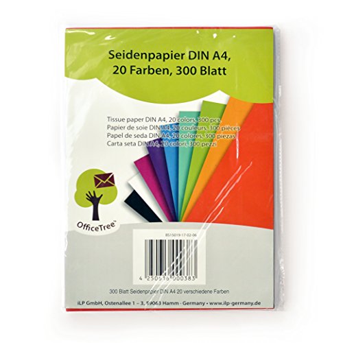 OfficeTree® Seidenpapier 300 Blatt A4 - bunt 20 Farben - mehr Spaß am Basteln Gestalten Dekorieren - Skizzen- und Zuschnitt-Papier - 16 g/qm Premium-Qualität - 3