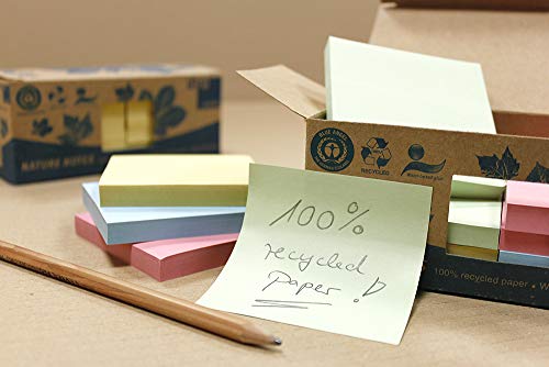 100% Recycling Haftnotizen, pastellmix, 75 x 75mm, zertifiziert mit dem Blauen Engel, 100 Blatt pro Block, 12 Blöcke in Recycling Box verpackt - 2
