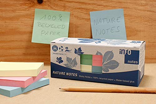 100% Recycling Haftnotizen, pastellmix, 75 x 75mm, zertifiziert mit dem Blauen Engel, 100 Blatt pro Block, 12 Blöcke in Recycling Box verpackt - 3