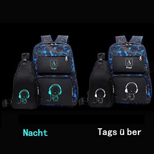 Asge Rucksack Jungen Schulrucksack Mädchen Teenager Jugendliche Coole Schule Daypacks Kinder Reflektierender Schultasche Outdoor Camping Groß Schulranzen Wasserdicht Ranzen Schultertaschen Set (Blau) - 2